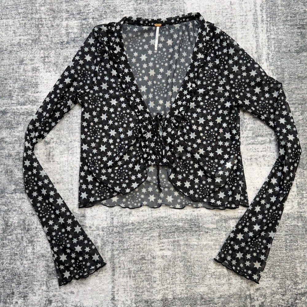 Free People Top Womens XS Black Stars Marne Cropped Sheer Mesh Celestial Whimsy - Picture 2 of 12